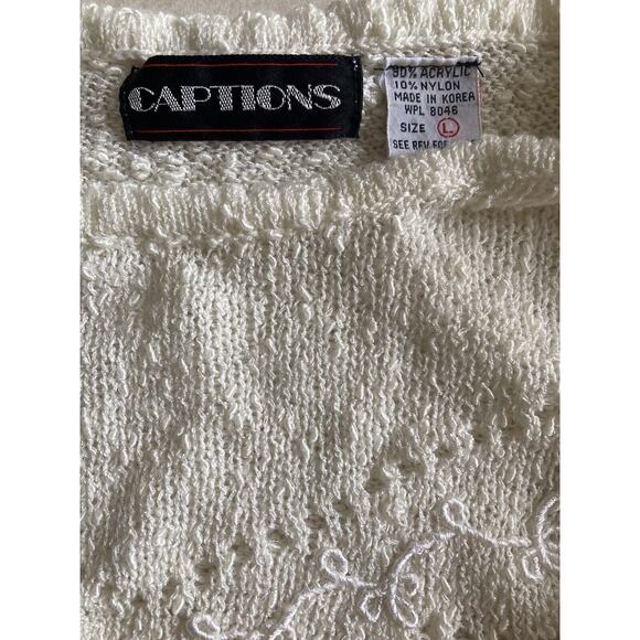Vintage 70s 80s Boho Cottage Preppy Cream White Thin Knit Embroidered Sweater - Picture 8 of 8